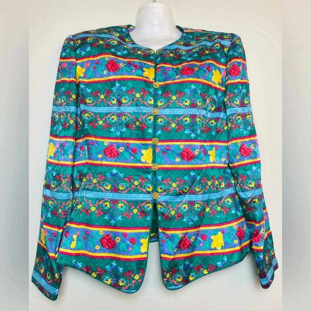 Adrianna Papell Teal Floral Stripe Button Blazer